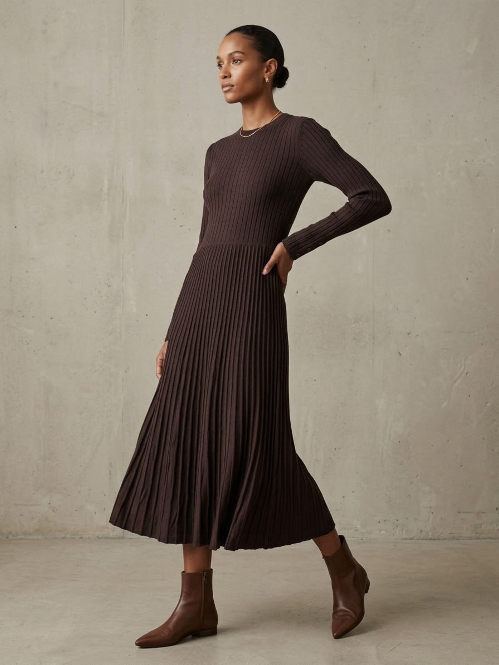 Ribbed Long-Sleeve Pleated Midi Dress